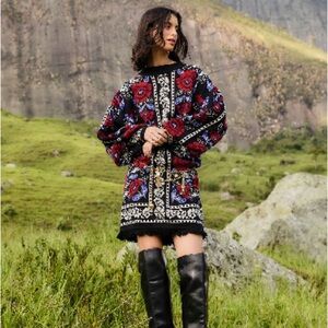 Farm Rio Black Valentina Puff Sleeve Knit Dress
